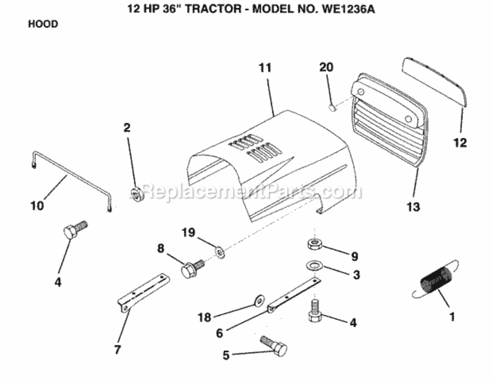 Hood Diagram and Parts List for WE1236A 1999 And Before Weed Eater Lawn Tractor